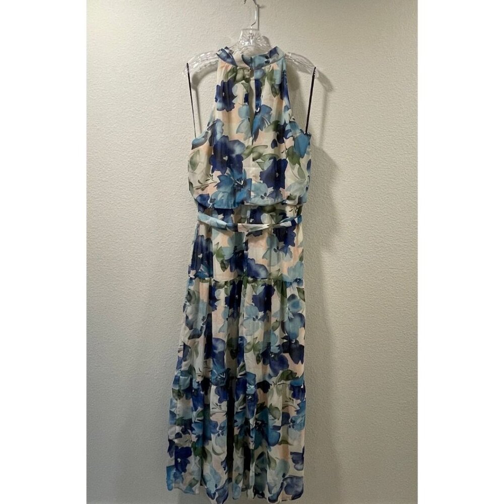 JULIA JORDAN Halter Chiffon Lined Maxi Dress Tiered Full Skirt Floral Blue 14 - Picture 3 of 11